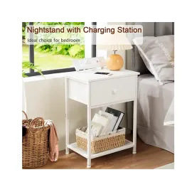 Slim Bed Side Table with Fabric Storage Drawer for Bedroom HET03SDPWT 