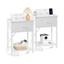 Slim Bed Side Table with Fabric Storage Drawer for Bedroom HET03SDPWT 