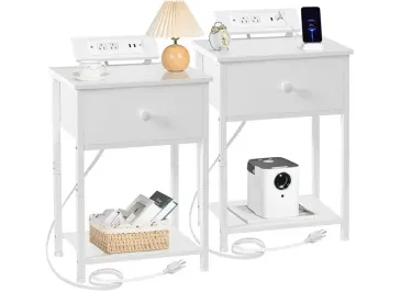 Slim Bed Side Table with Fabric Storage Drawer for Bedroom HET03SDPWT 