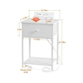 Slim Bed Side Table with Fabric Storage Drawer for Bedroom HET03SDPWT 