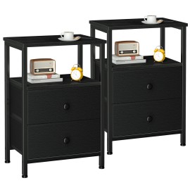 Set of 2 Nightstand with Fabric Drawers Black HETS002BK