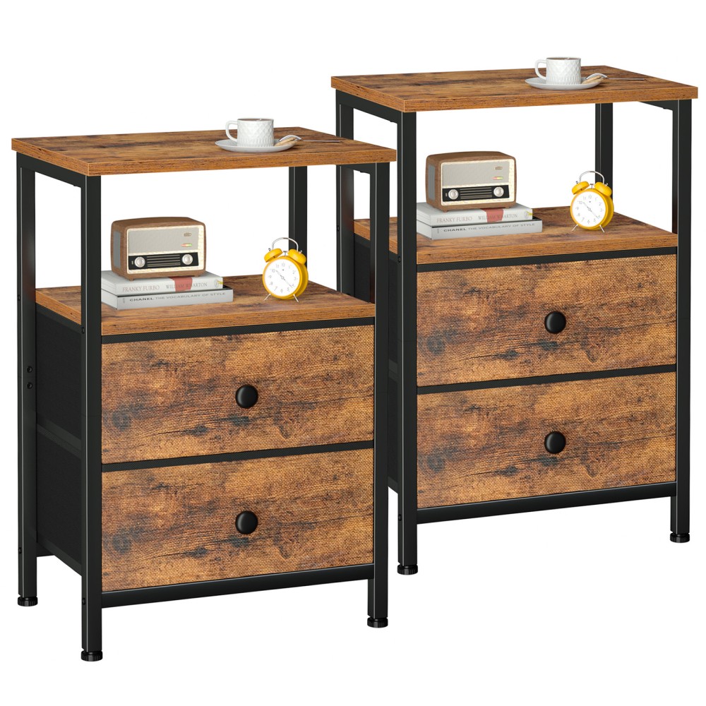 Set of 2 Nightstand with Fabric Drawers Rustic Brown HETS002BR