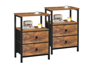 Set of 2 Nightstand with Fabric Drawers Rustic Brown HETS002BR