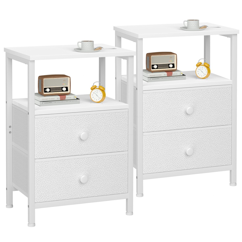 Set of 2 Nightstand with Fabric Drawers White HETS002WP