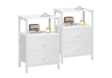 Set of 2 Nightstand with Fabric Drawers White HETS002WP