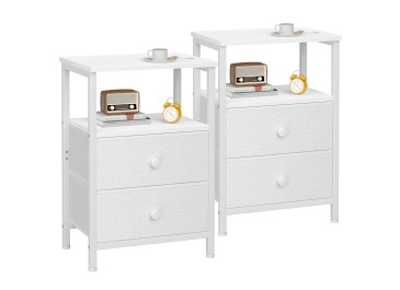 Set of 2 Nightstand with Fabric Drawers White HETS002WP